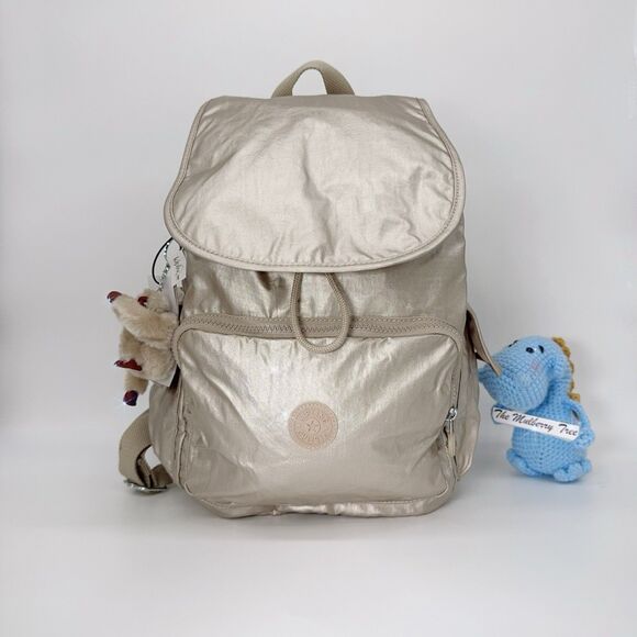 Kipling Ravier Medium Metallic Champagne Gleaming Gold Gorilla Monkey Backpack - Picture 1 of 11